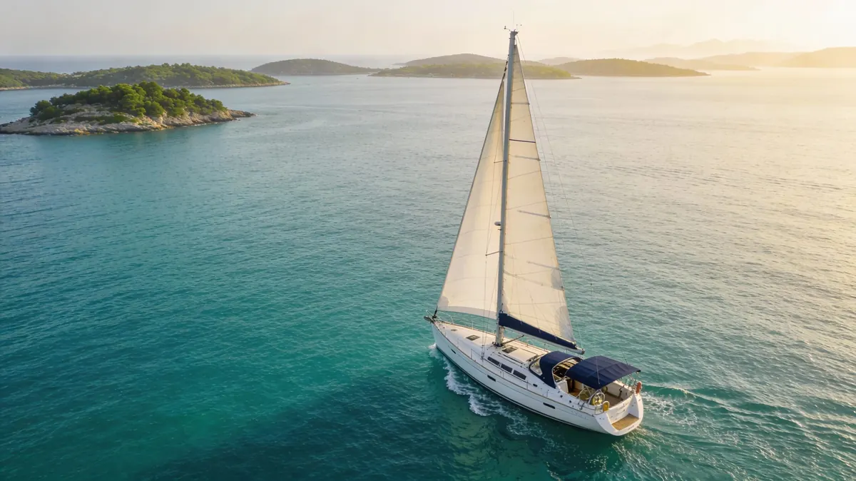 Sailing yacht under sail on turquoise water near small pine-covered islands
