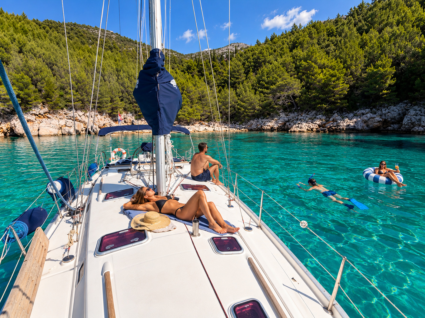 Guest sunbathing on the foredeck of our sailing yacht at anchor in a turquoise bay, with a snorkeler and a swimmer on a float beside the boat