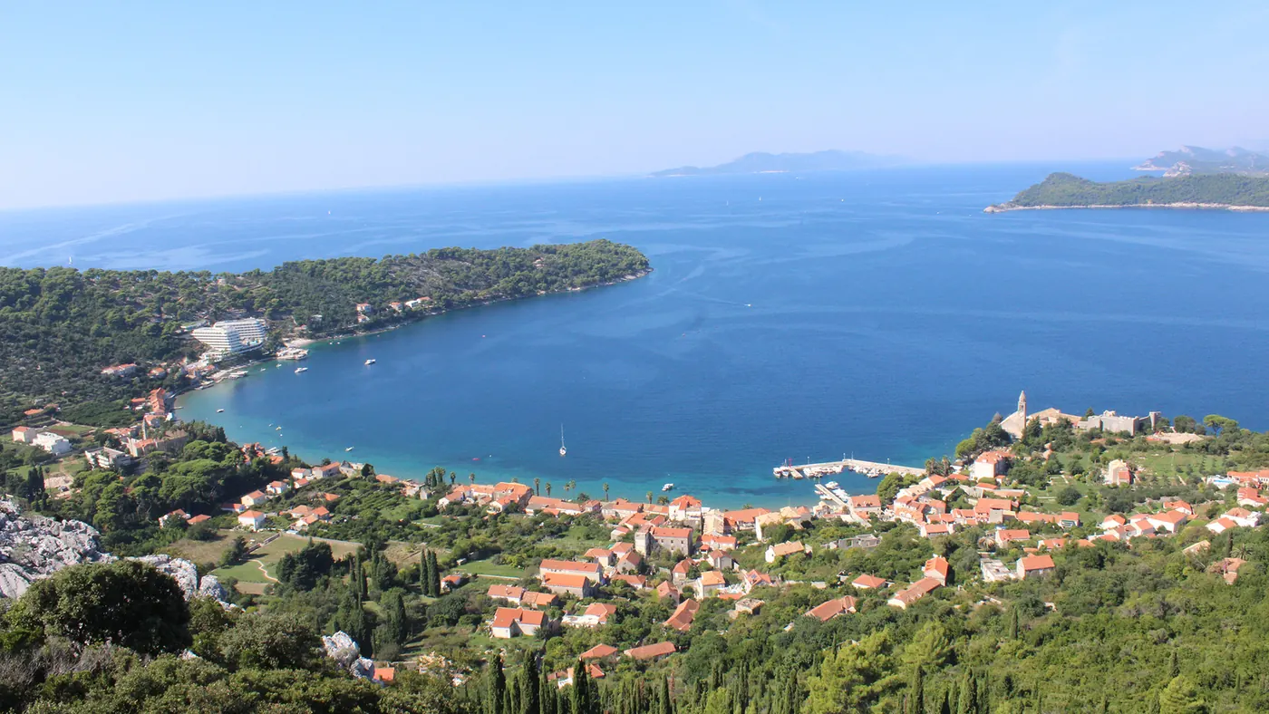 View from the hillside over Lopud village, its harbour and the bay