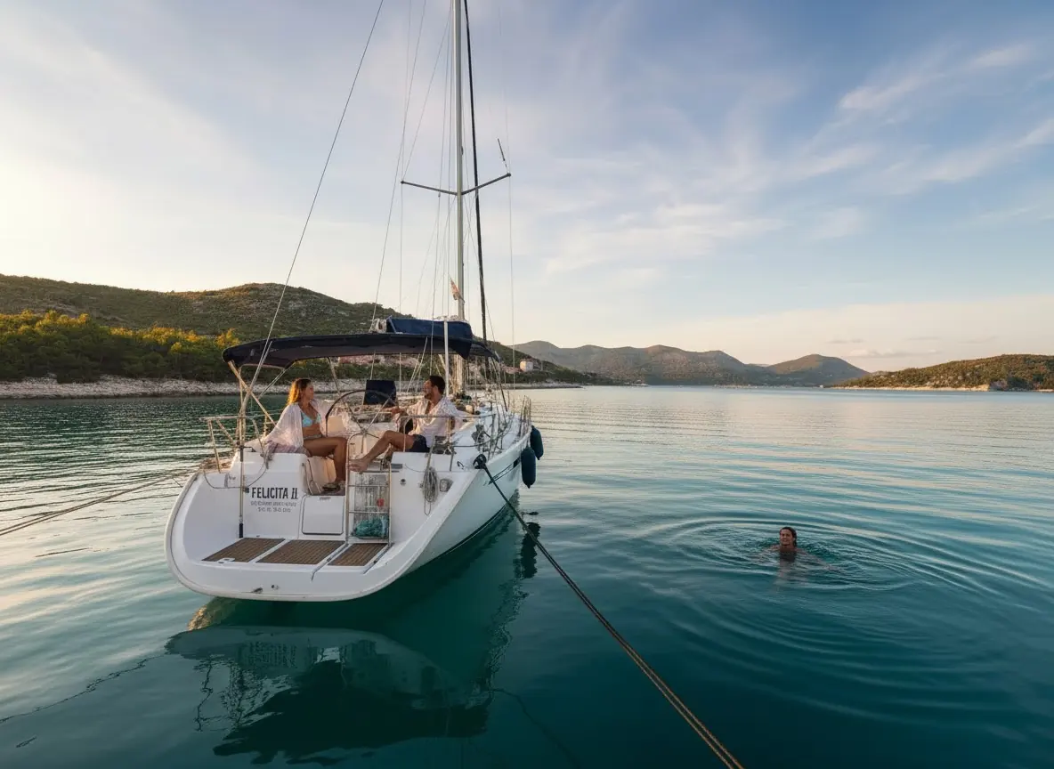 Guests relaxing at the stern of a sailing yacht at anchor while a swimmer enjoys calm water at sunset