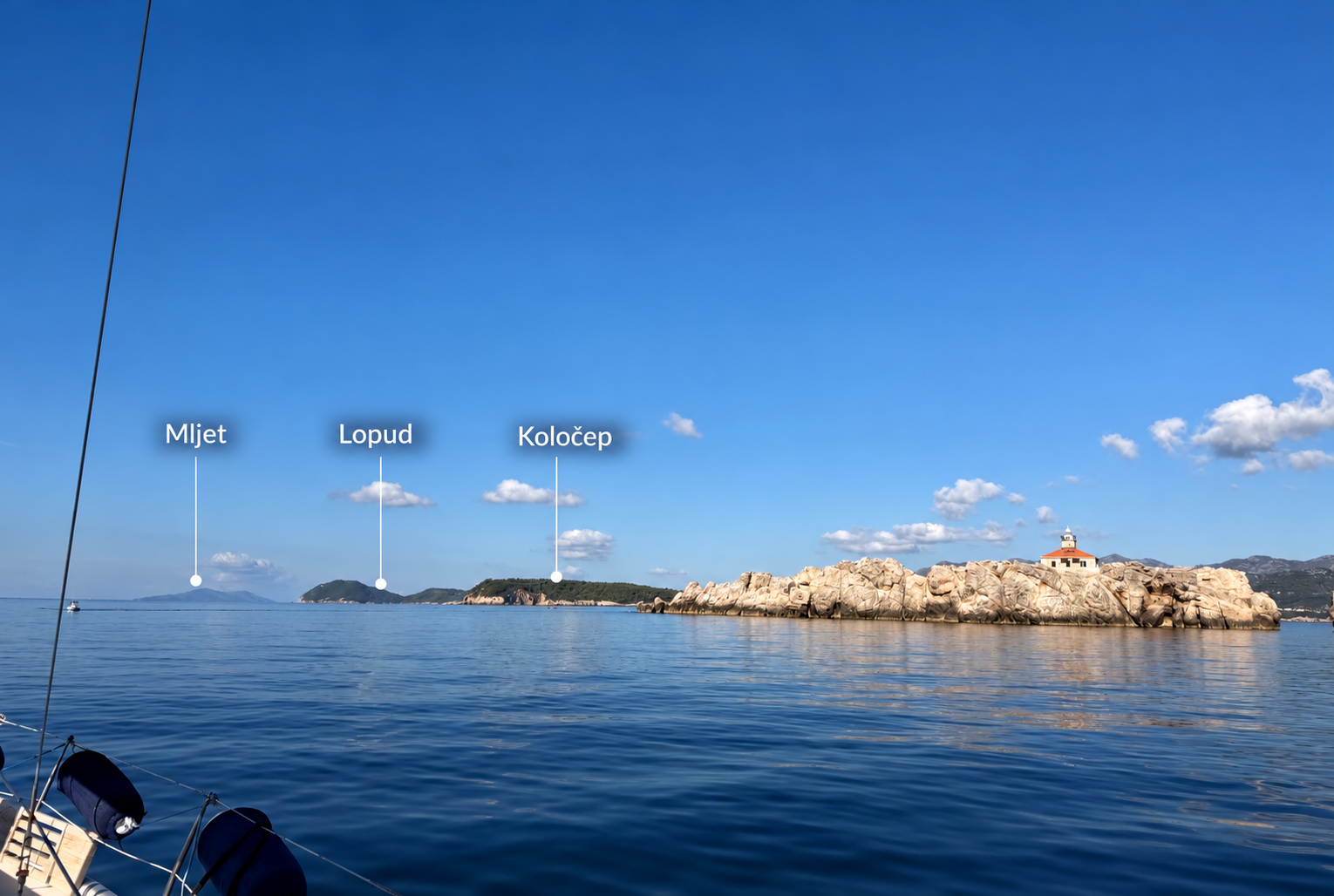 View from our sailing yacht past the Grebeni lighthouse near Dubrovnik toward Koločep, Lopud and the island of Mljet on the horizon