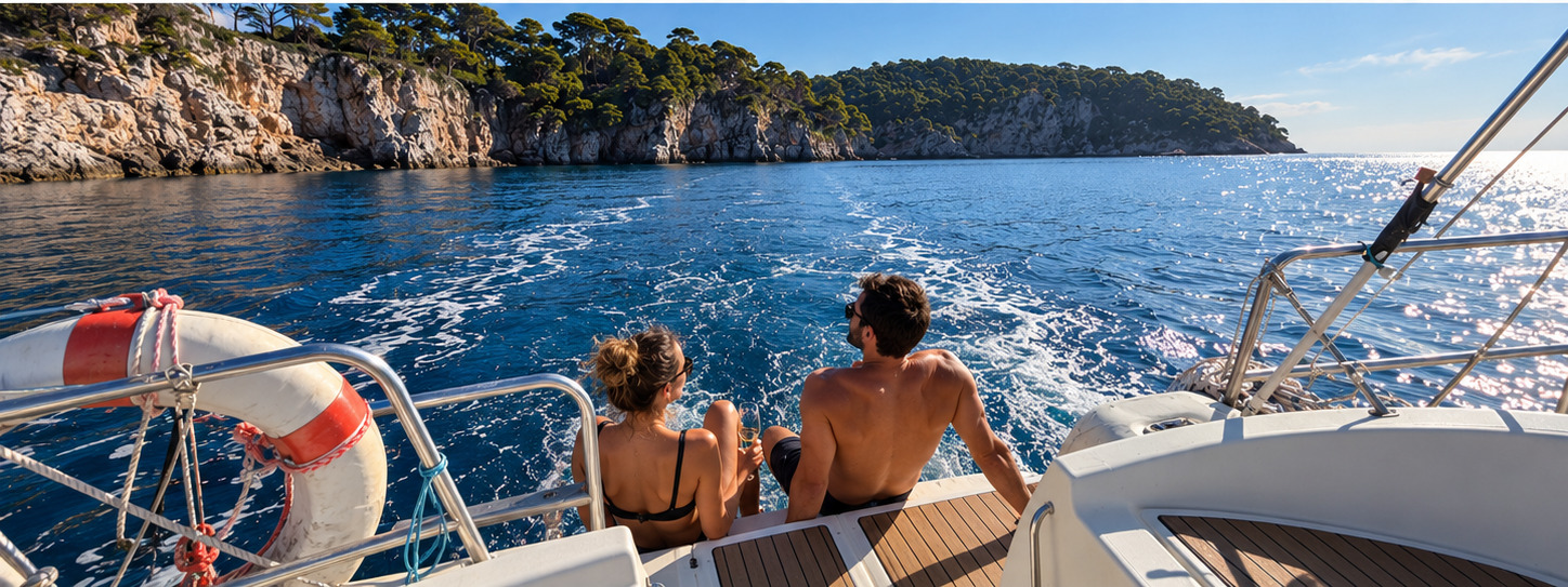 Couple relaxing on the stern of a sailing yacht under way past pine-covered cliffs