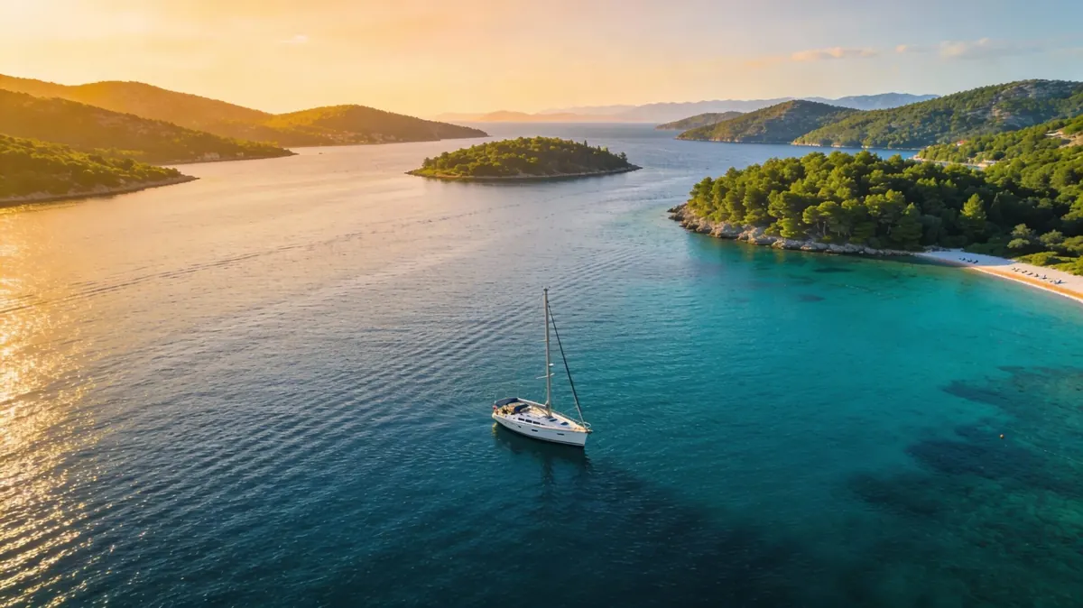 Sailing yacht at anchor in a turquoise bay near a pine-covered shore and a sandy beach in evening light