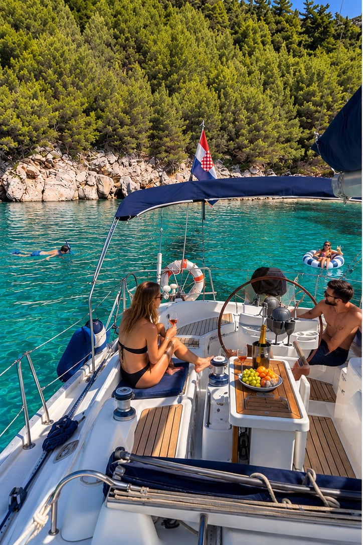 Guests relaxing in the cockpit of our sailing yacht at anchor in a turquoise bay while others snorkel and float nearby